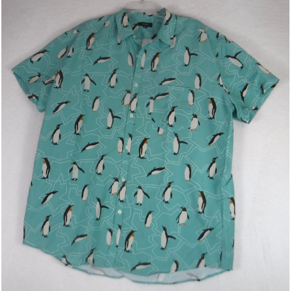 Nutexrol Shirt Men's XXL Button Up Short Sleeve Penguin Print Hawaiian Vacation‎